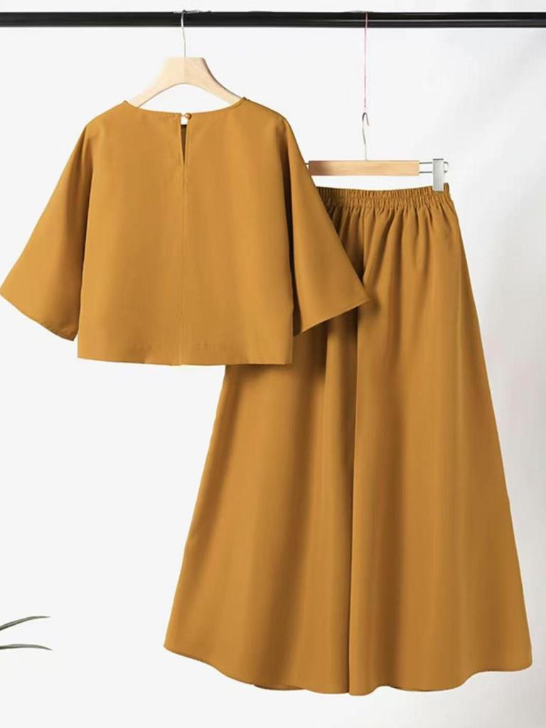 2026 Spring/Summer Women's Solid Color Short Sleeve Casual Loose Trousers Two-Piece Set