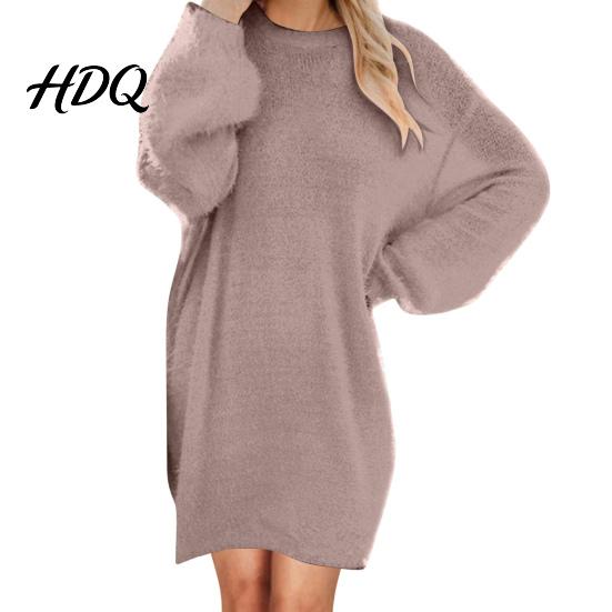 Comfortable Women Fall Outfits Mini Oversized Sweater Dress Long Sleeve Round Neck Knit Pullover Solid Color Tunic Dress Top Winter Loose