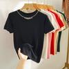 Fashion Short Sleeve Loose Knitted T Shirt Women Summer New Beading Round Neck Casual Women's T-shirt Tops Elegant Slim Fit Simple Woman Tee 26235