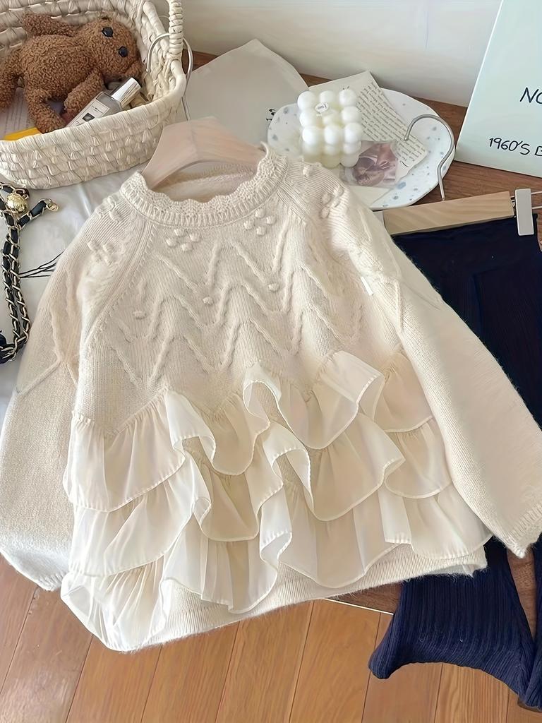 Girl's Knitted Sweater Dress: Soft Pink with Ruffled Hem, Perfect for Fall/Winter