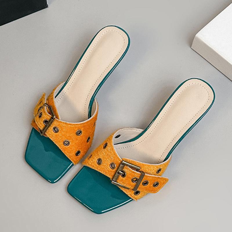 Fashion Liyke New Fashion Big Buckle Strap Square Toe Thin Low Heels Slipper For Woman Mules Slide Shoes Gladiator Sandals Zapatos Mujer