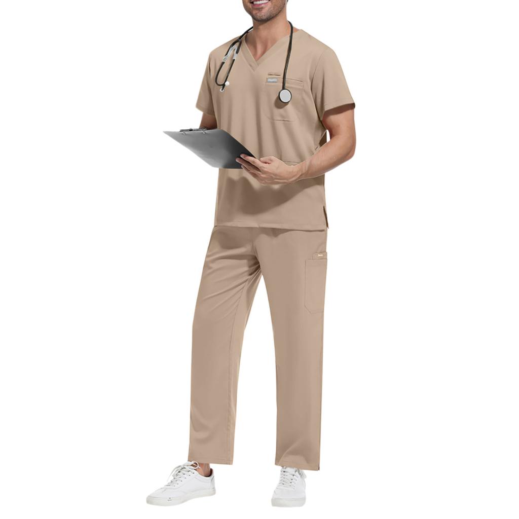 Men's Loose And Comfortable V-neck Short Sleeved Workwear With Tie Up Top And Waist Cinching Beauty Suit Set