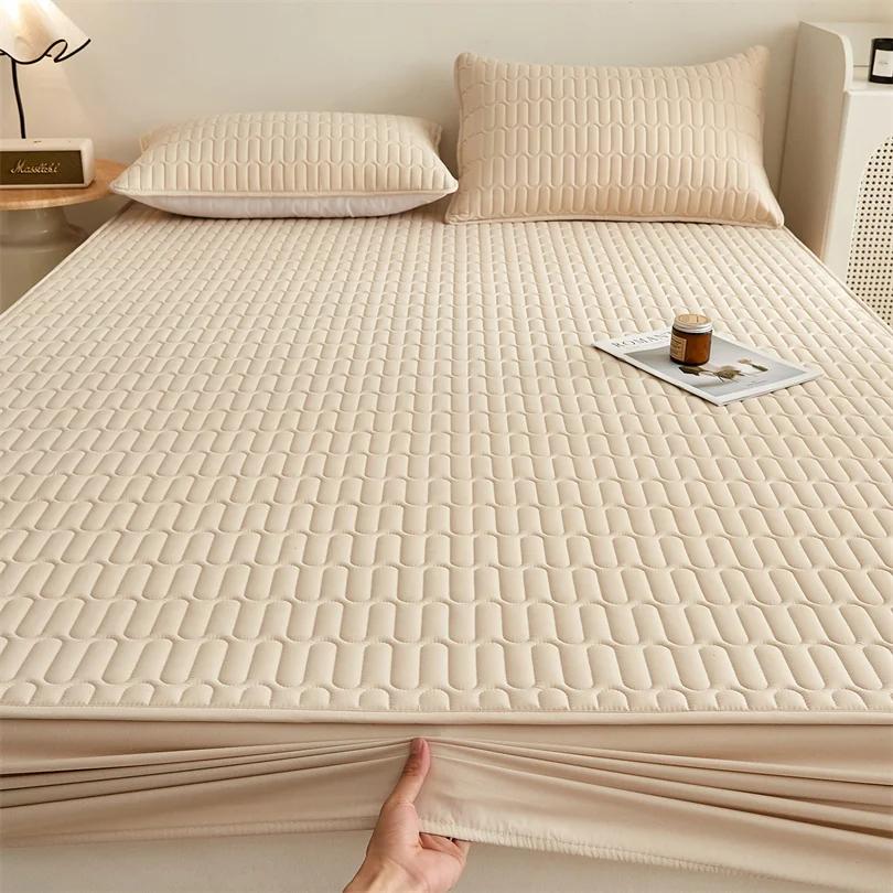 1 PC Waterproof Bedcover Fitted Sheet Bed Mattress Cover Thickened Quilted Soft Comfortable Breathable Solid Color Bedding Mattress Cover