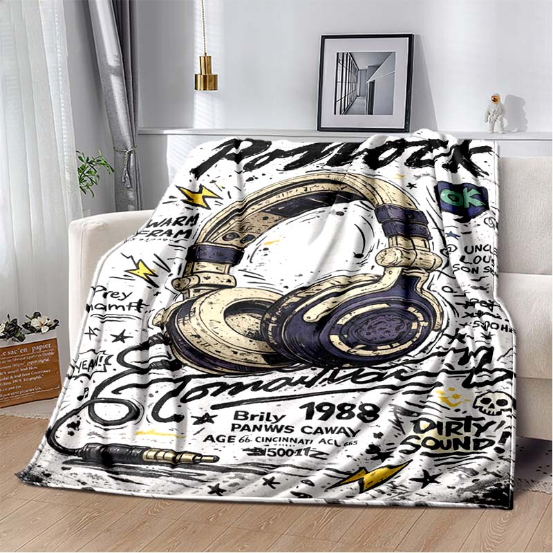 Vintage  I Love Music  Print Flannel Blanket, Retro Headphone & Heart Throw Blanket 80cm x 120cm