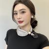Flower Polka Dot Scarf Black White Stripe Printed Silk Scarf Pearl Magnetic Buckle Scarf  Women
