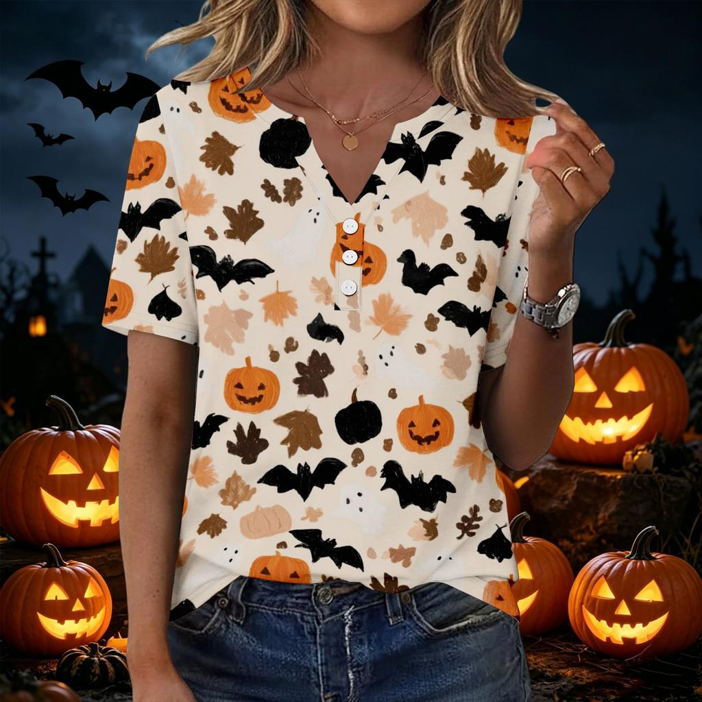 Women's Casual Halloween Print V Neck Button Front Three Quarter Sleeve T Shirt Top Lightweight Soft Fabric Comfortable Fit