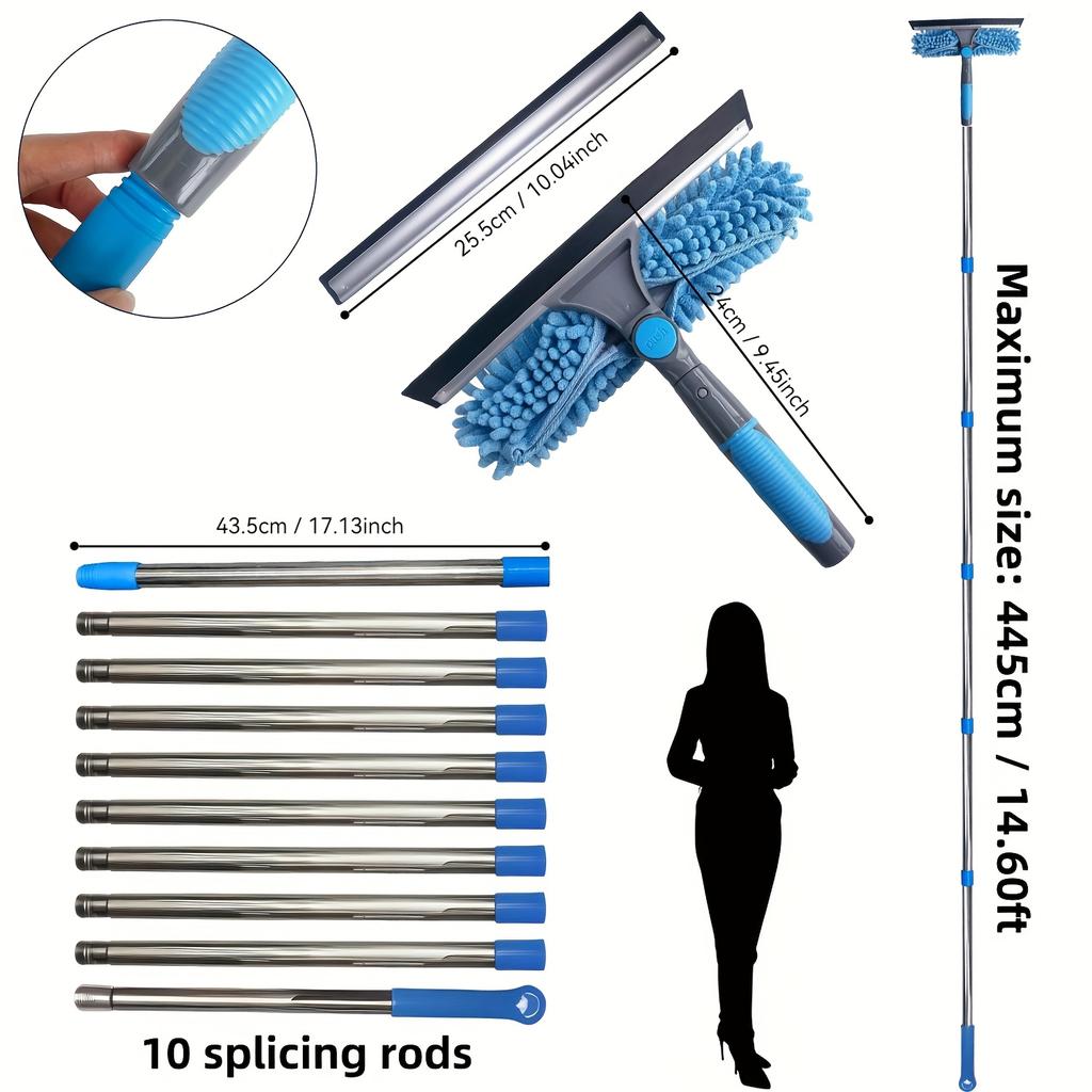 2-in-1 High Waist Window Cleaning with 10 Joint Extension Pole Stainless Steel Scraper and Squeegee Reusable Microfiber Cloth