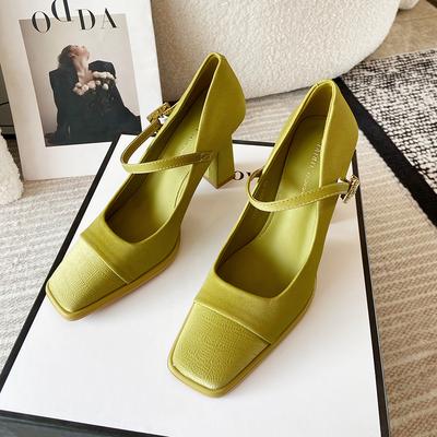 Spring New Coarse Heel Shoes Women Fashion Square Head Shallow Mouth Embossed Rhinestone Buckle Line Belt High Heels