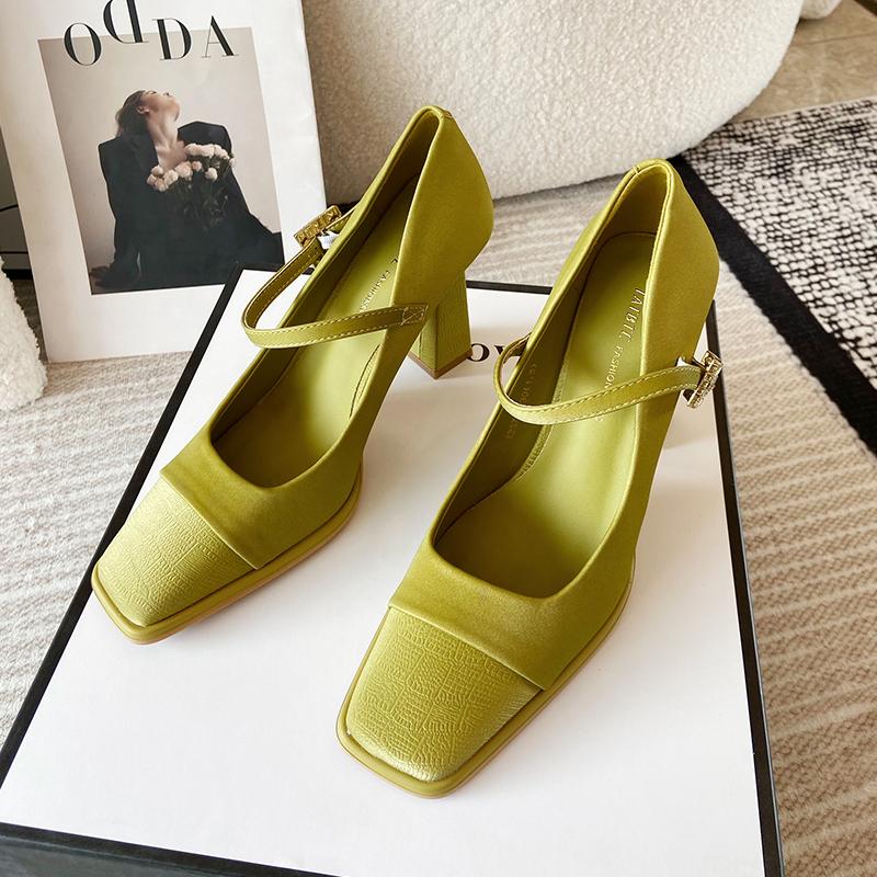 Spring New Coarse Heel Shoes Women Fashion Square Head Shallow Mouth Embossed Rhinestone Buckle Line Belt High Heels