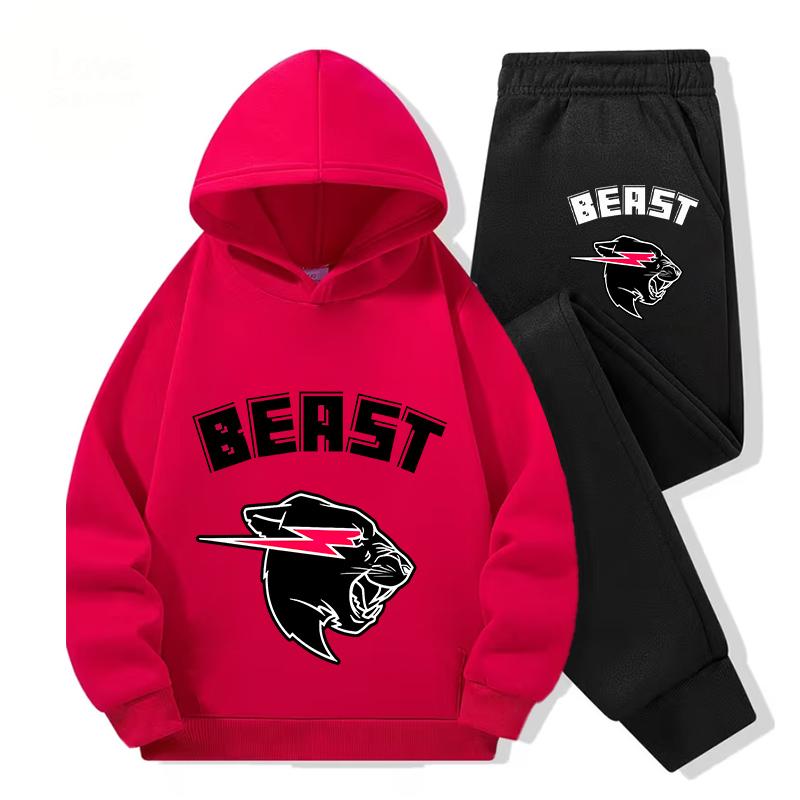 2026Autunno Casual Mr Beast Cartone Animato Bambini Ragazzi Ragazze Stampa Manica Lunga Felpa con Cappuccio in Pile Tuta Pantaloni Lunghi Festival Outdoor Uso Quotidiano