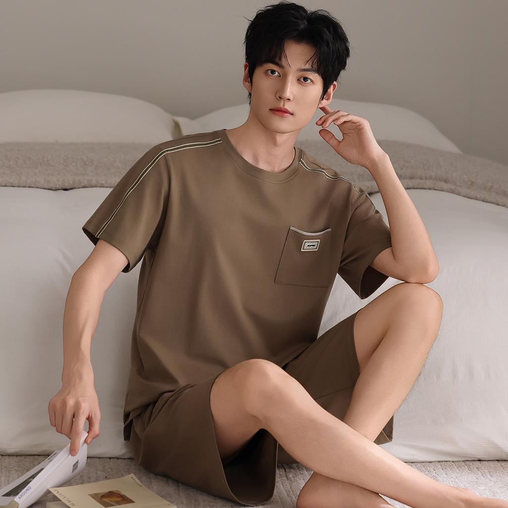 Pajamas Men's Summer Cotton Short Sleeve Shorts Thin Solid Color Teen Large Size Sports Can Wear Dad's Loungewear
