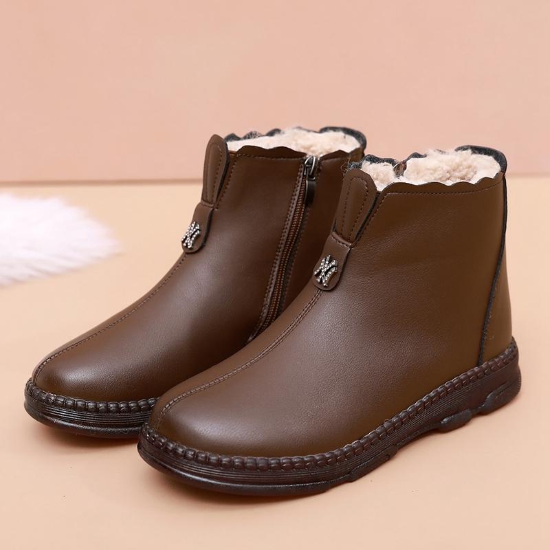 Winter Women Genuine Leather Flats Casual Ankle Boots Women's Thick Plush Warm Snow Boots Mother Waterproof Non-slip Booties