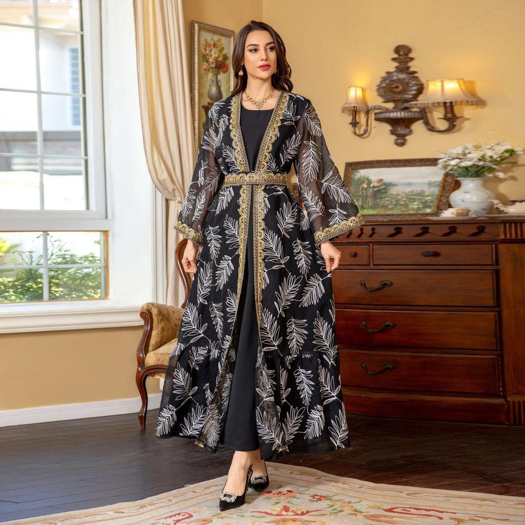 AB363 Dubai Eid al-Adha Mesh Embroidery Patchwork Muslim Two-Piece Set