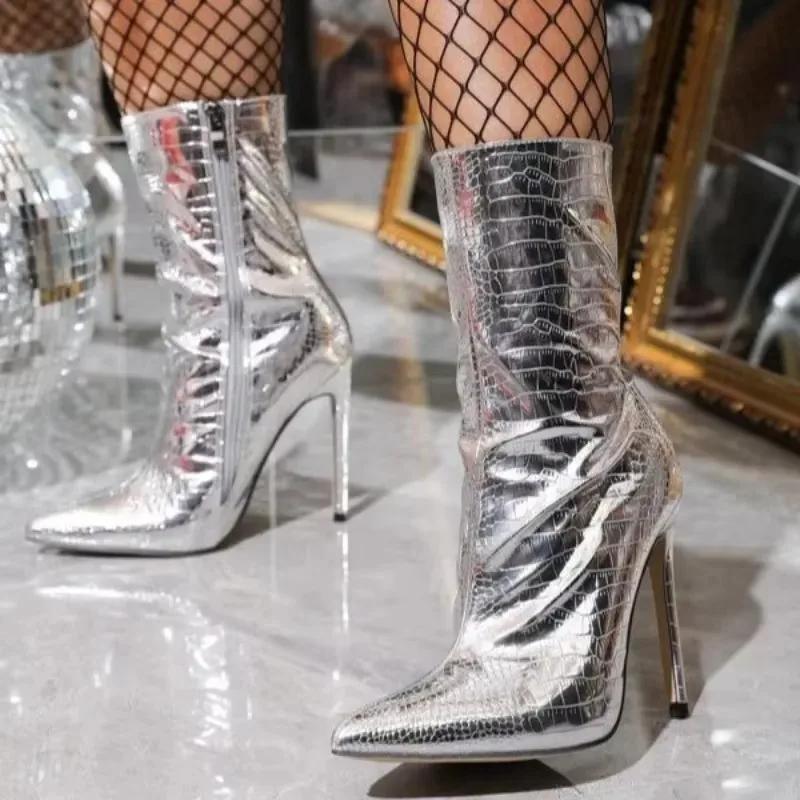 Women Sexy Pointed Toe Thin High Heels Silver Ankle Boots 2025 Fashion Metal Side Zipper Mid-calf Ladies Boots Botas Mujer Goth