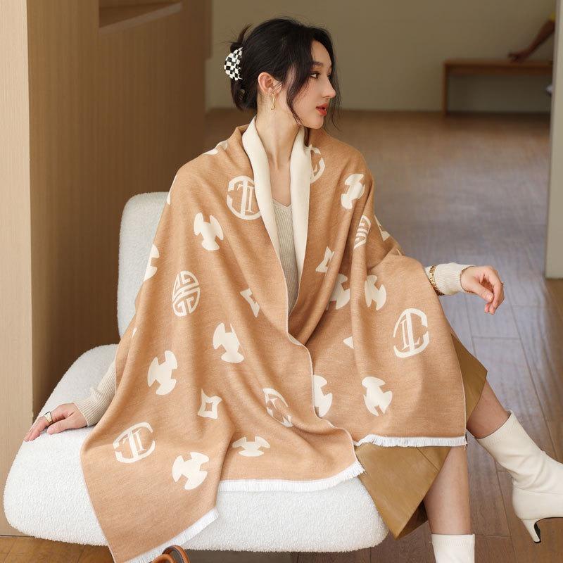 New Jacquard Scarf Women's Double-Sided Blended Wool Shawl High-end Versatile Thickened Shawl Scarf