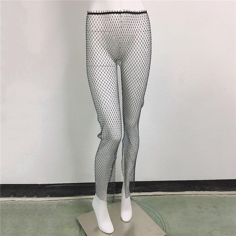 

Sexy Fishnet Pants With Rhinestones Elastic Leggings Casual Trousers Fashion Clothing Ideal For Parties L чорний