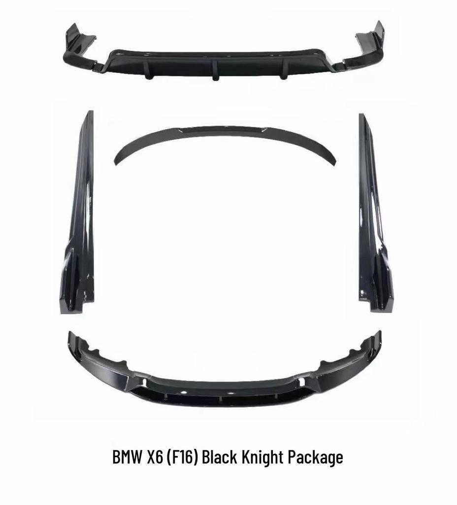 BMW X6 F16 Black Warrior Style Body Kit: Front Lip, Rear Lip, Side Skirts, Carbon Fiber Pattern.