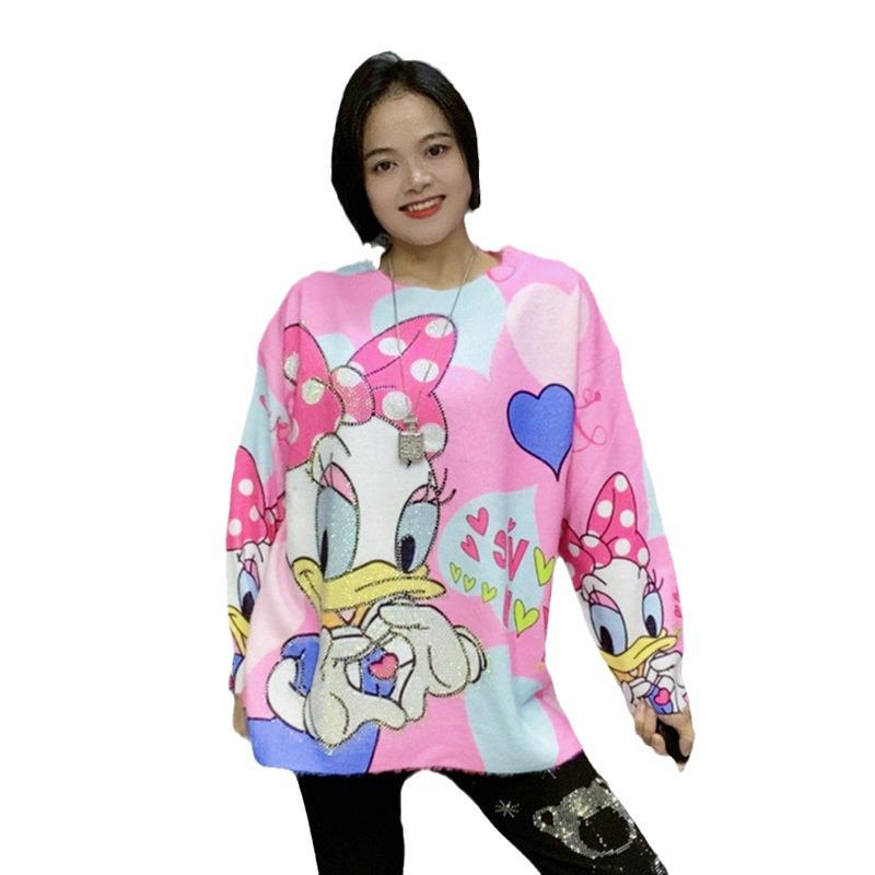 Women's Autumn 2022 Cartoon Print Fluffy Sweater - Soft, Loose, and Casual Round Neck Top with Hot Drilling Detail