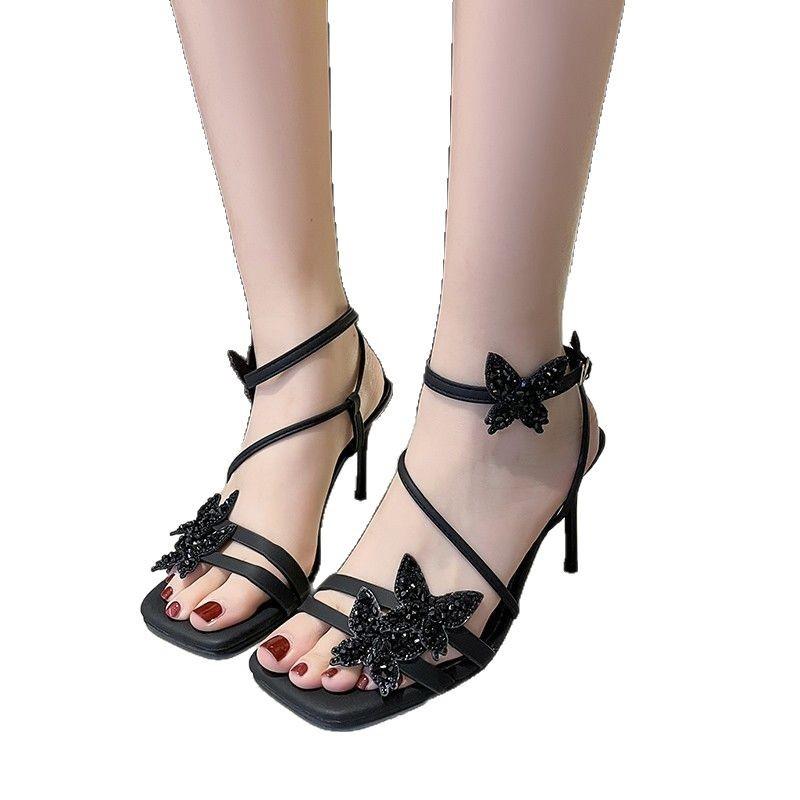 ZA2025 summer new butterfly high-heeled sandals women's simple square head one-word buckle high-heeled shoes medium-heeled women's shoes
