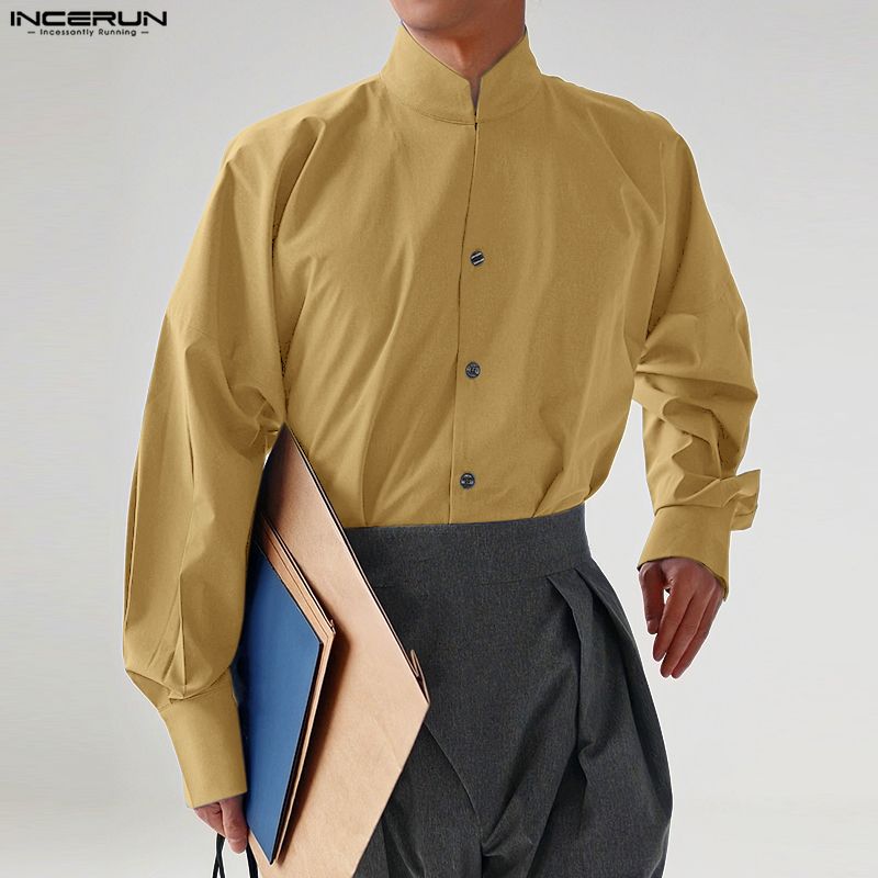 INCERUN S-5XL Men Casual Stand Neck Long Sleeve Side Buttons Shirts Tops