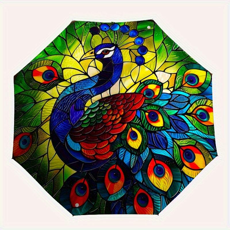 1pc Stained Glass Peacock Design Pattern Beautiful Looking Automatic Folding Umbrella, 3 Folding, 8 Iron Frame Design, Durable and Suitable for T