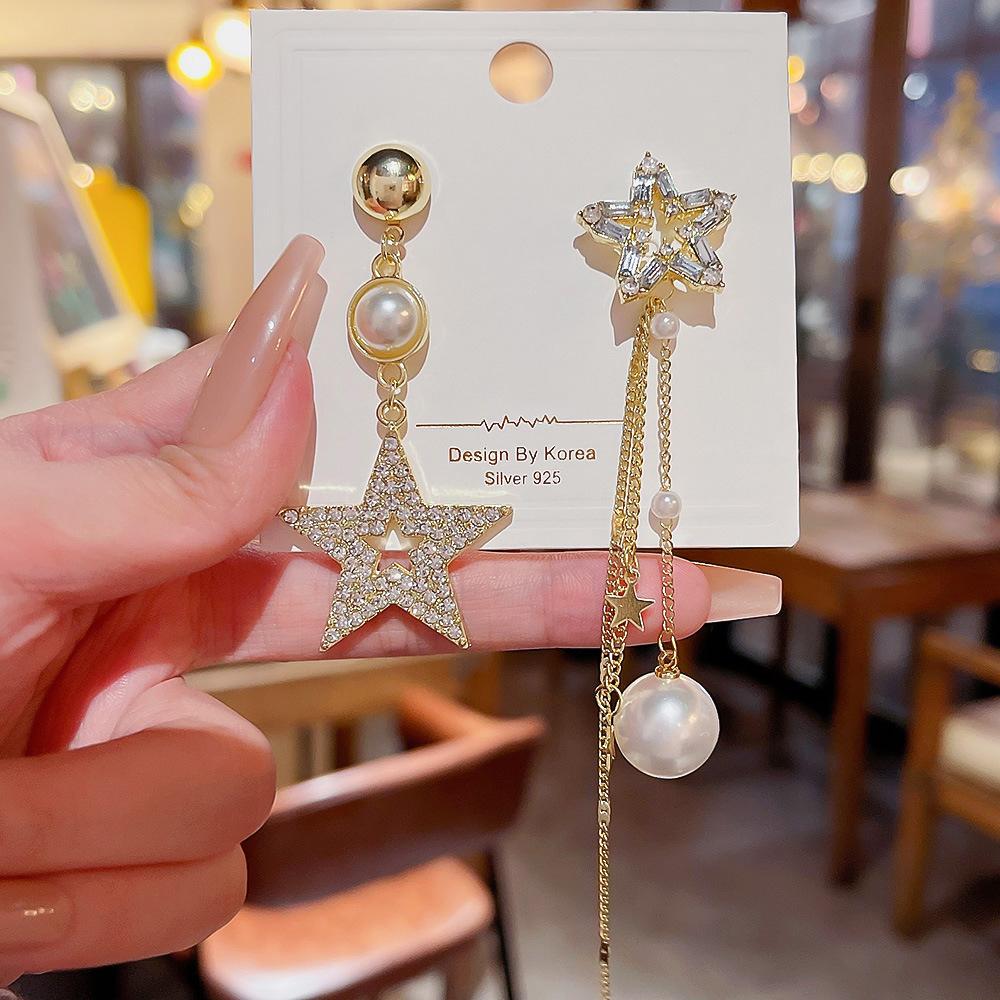 Five-pointed Star AB Asymmetric Super Flash Star Earrings Silver Needle Long Tassel Temperament Earrings Pearl Earrings