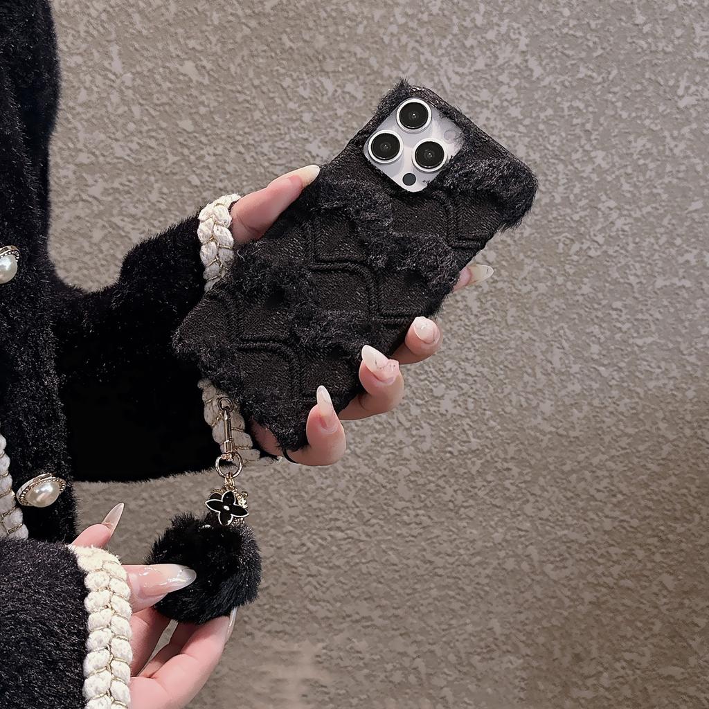 For iPhone 16 Pro Max Case Soft Plush Hard PC Winter Phone Cover with Cute Keychain Accessory