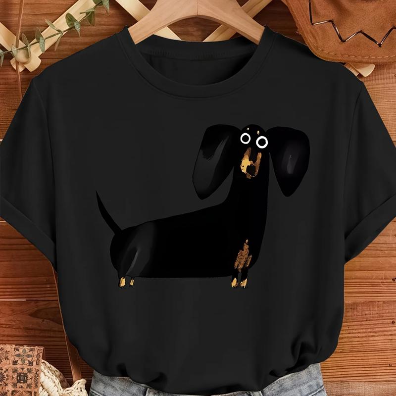 Cute Black Sausage Dog Funny Printed Women's T-shirt Short Sleeve Crew Neck Top for Summer Women's Harajuku Casual Clothing