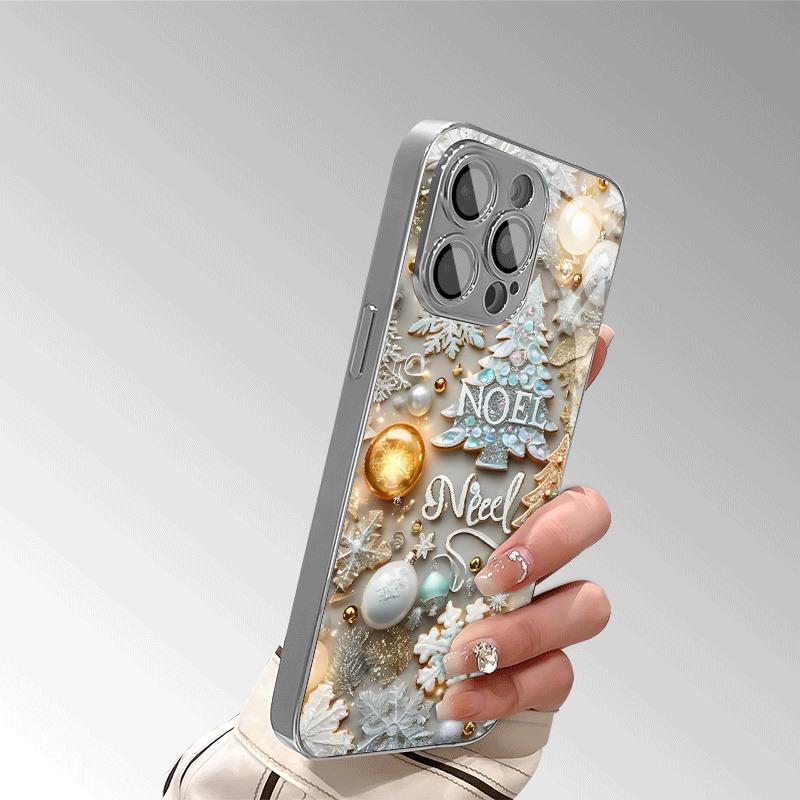 Christmas Elements Print Electroplated Tempered Glass Phone Case For iPhone 11 12 13 14 15 16 17 Pro Max Plus 16E 17 Air Cover