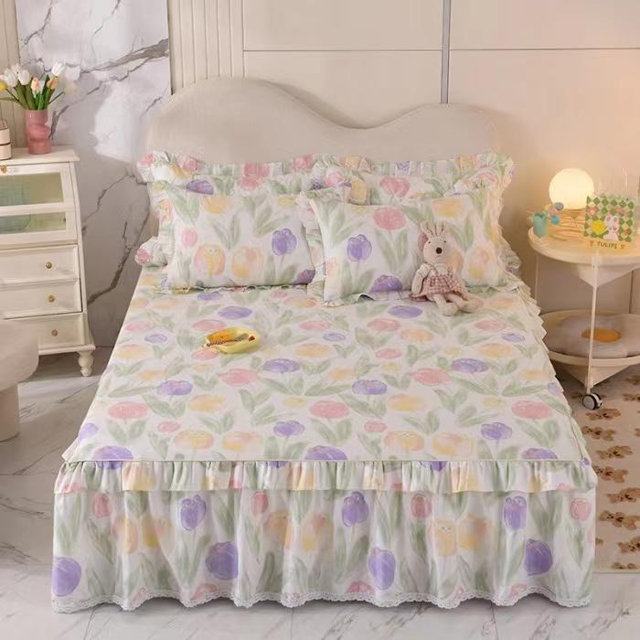 3pcs Sheet Set High Grade 100% Cotton Printed Bedspread King Queen Size Cute Pure Cotton Thick Bed Skirt with 2pcs Pillowcase