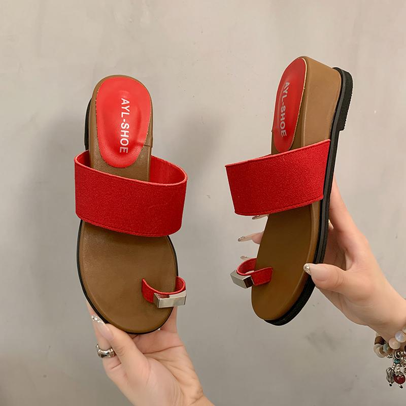 Fashion Fashion Metal Ladies Flats Slippers Sandals Round Toe Female Summer Beach Flats Slides Slippers Shoes for Women Flip Flops