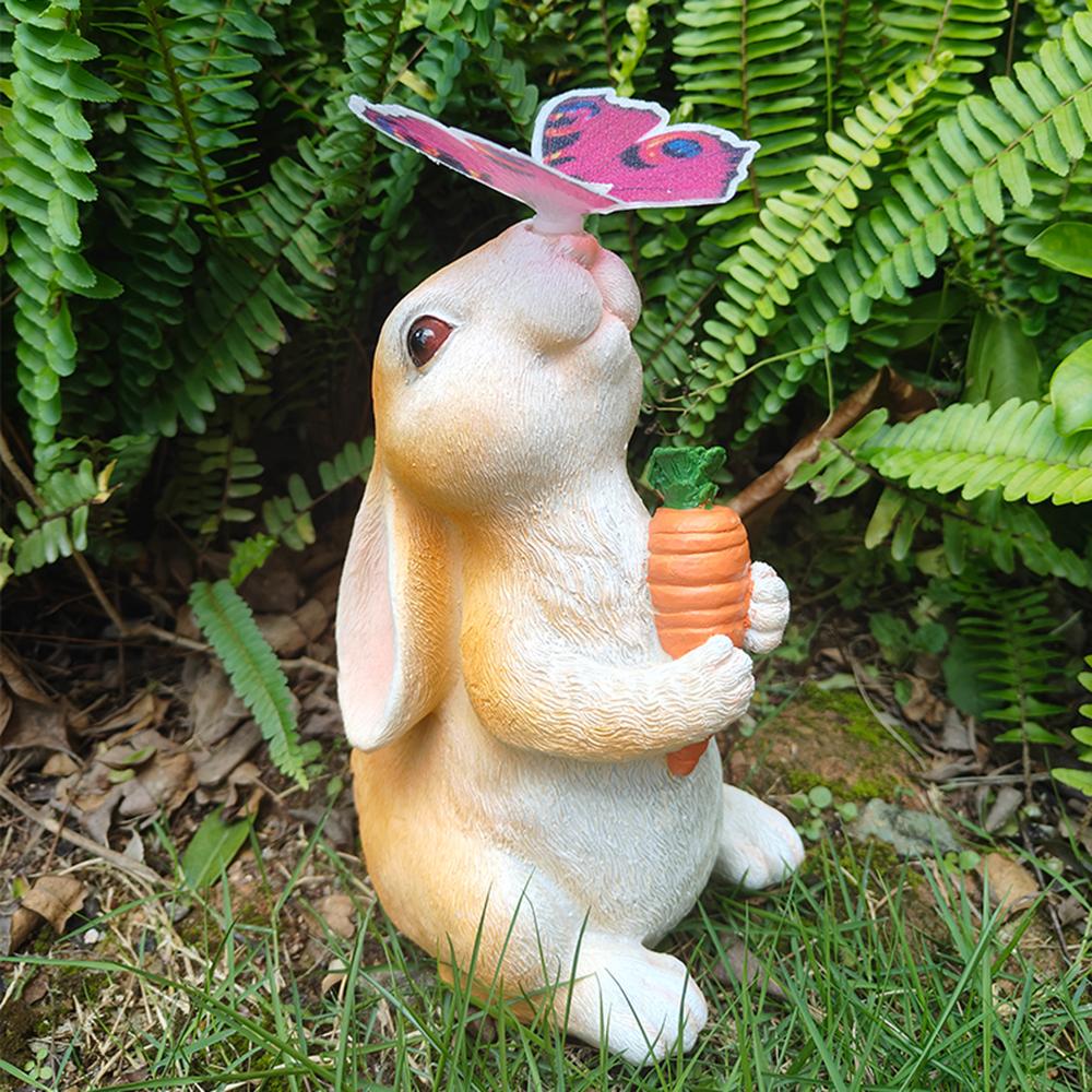 Solar Bunny Statue Garden Decor with Butterfly LED Light Resin Animal Sculpture Figurine Outdoor Decoration for Garden Courtyard