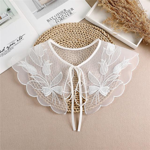 Linbaiway Lace Chiffon Doll Fake Collar Ladies Shawl Wrap Removable Detachable Embroidered False Collar Clothes Accessory