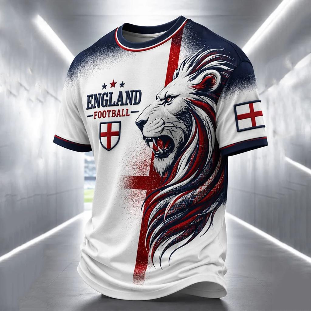 Men's England Football Printed Jersey Short Sleeve Crew Neck Athletic Soccer Shirt Lightweight Breathable Sportswear for Training and Casual Wear