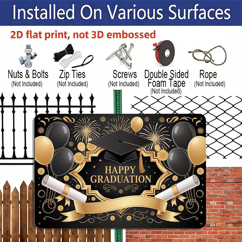 2D Flat, 1pc "Happy Graduation" Black & Gold Plaque, 12”*8" - Graduation Decor Sign with Cap & Diploma, Black & Gold - Aluminium Wall Hanging