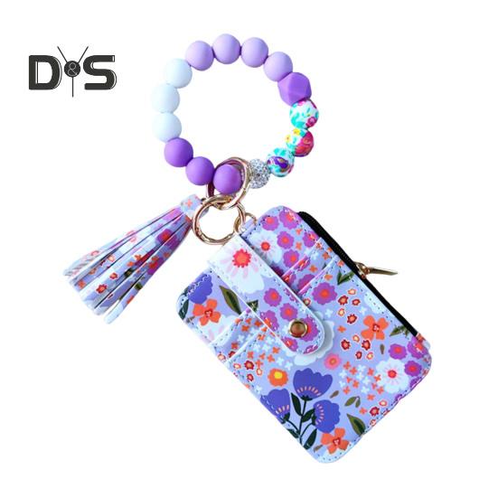 Damen-Geldbörse mit Blumenmuster, Boho-Stil, Münzbörse, Schlüsselanhänger mit Quaste, elastischer Armband-Geldbörse mit Perlen und Sichtfenster für Ausweise, zum Einkaufen, Reisen, Alltag