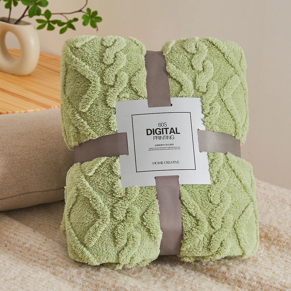 Coral Fleece Velvet Blanket Solid Double Sided Jacquard Geometric Pattern Thickened Blanket Bedspread Plaid Blankets