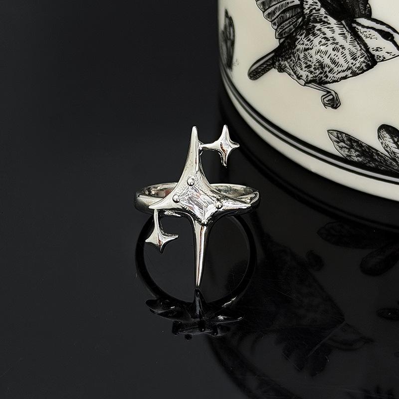 High-Value Diamond-Encrusted Zircon Bead Pentagram Open Ring Stacked With Niche Design Ring Woman