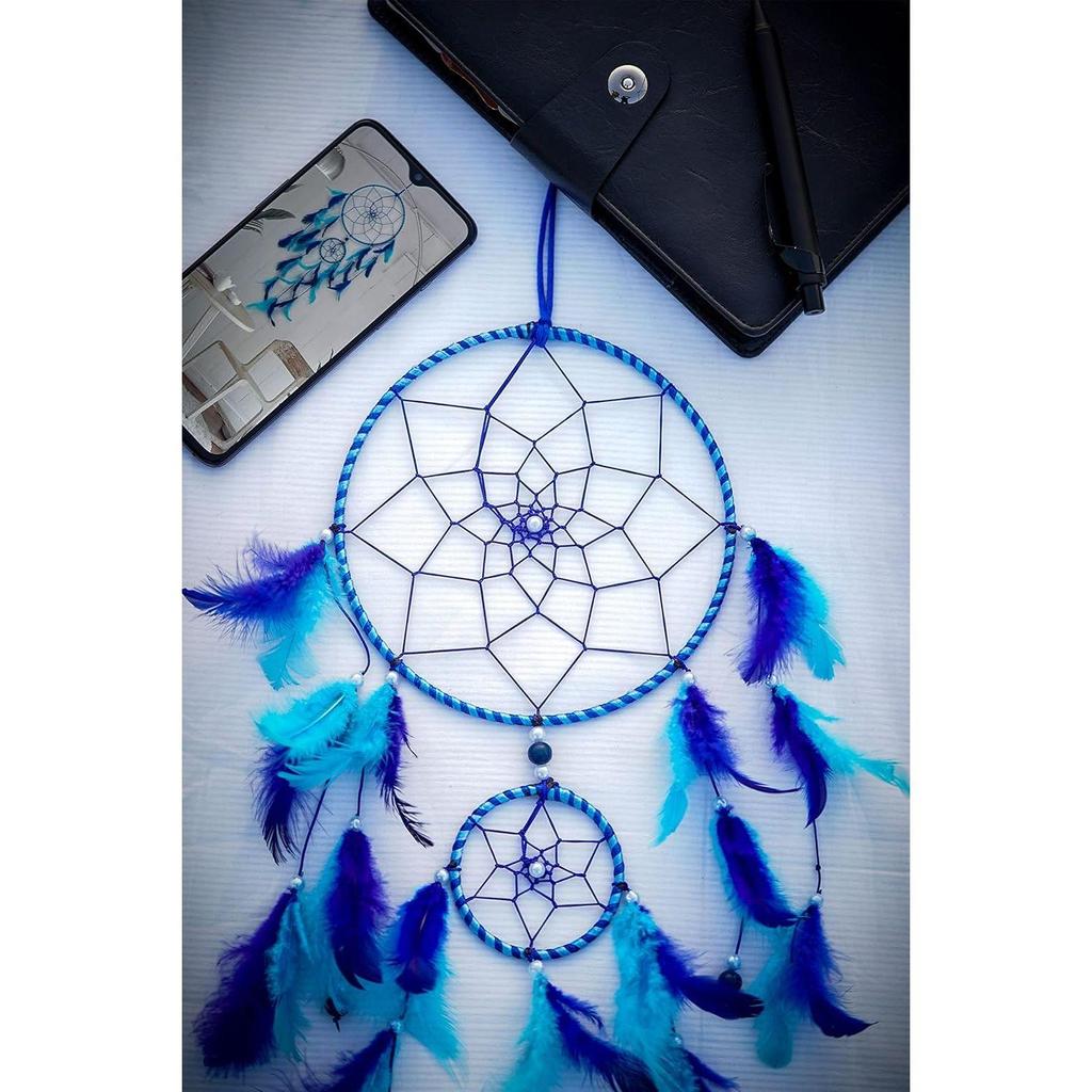 Catchers Wall Hangings, Home Décor, Handmade Dreamcatcher for Bedroom, Balcony, Garden, Party, Café, Small Ring Beaded Blue & Light Blue Feathers