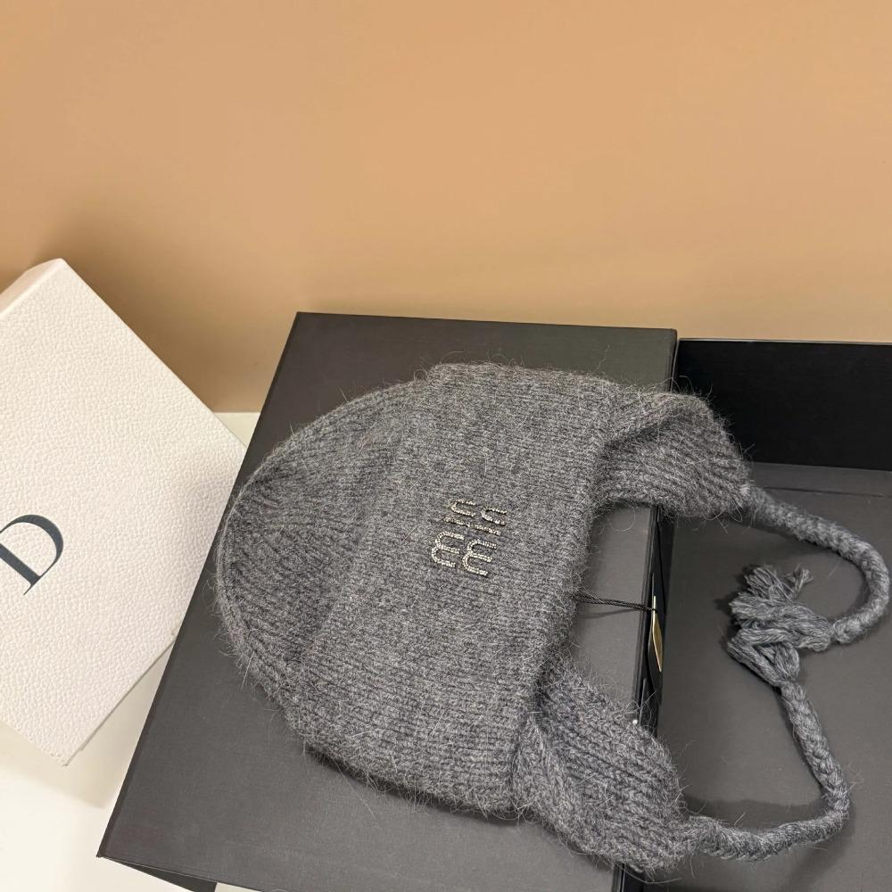 Winter Hot Diamond Rabbit Wool Knitted Warm Ear Protection Hat Outdoor Light Luxury Wool Hat Fashionable Letter Cold Hat