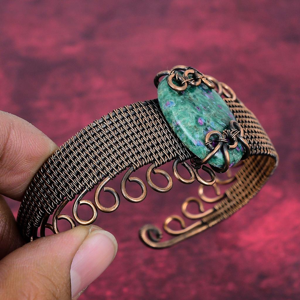 Ruby Fuchsite Bangle Adjustable Cuff Bracelet Copper Wire Wrap Gemstone Jewelry