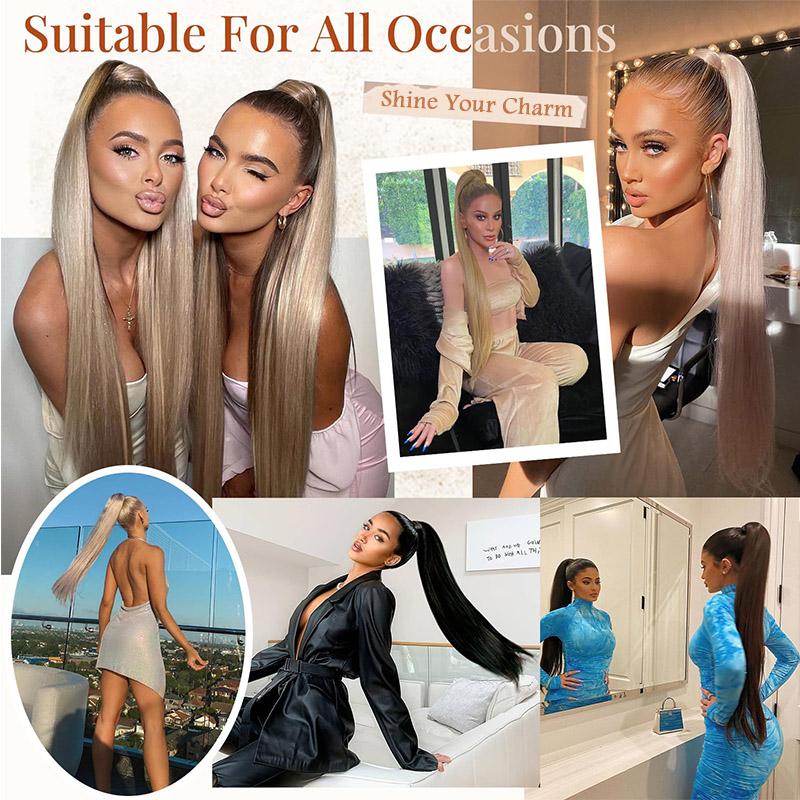 Synthetic 28inch Long Straight Ponytail With Elastic Band Wrap Around Pony Tail Extension Fake False Hairpiece For Women Girls