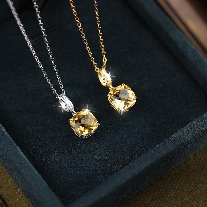 Women's S925 Pure Silver Necklace, Ice-Cut Natural Crystal, Premium Gemstone Series, Princess Square Pendant