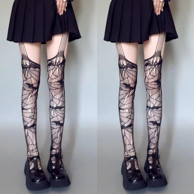 Gothic Fledermaus Muster Lange Sexy Netzstrümpfe Punk Frauen Harajuku Alternative Mesh Strumpfhosen Oberschenkel Hohe Strumpfwaren Halloween