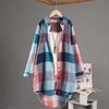 Women's Long Grid Shirt Jacket - Loose Fit, Plus Size, Cotton Linen, Hip Covering, Sun Protection, Spring/Summer.