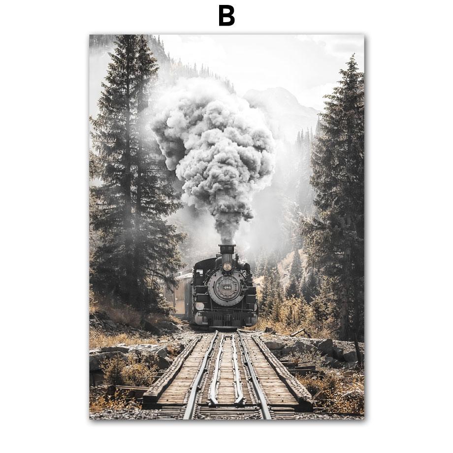 Wall Art Canvas Painting Christmas Deer Snow Pine Tree Train Winter Living Room Decoration Posters And Prints Home Wall Pictures