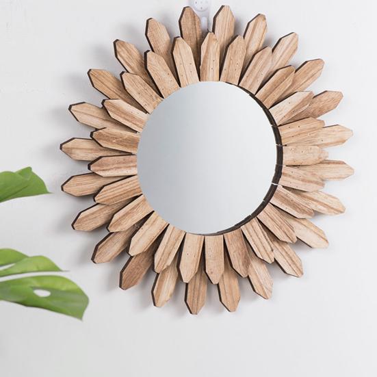 Rustic Wood Sunflower Decoration Wall Mirror Flower Wood Frame Hanging