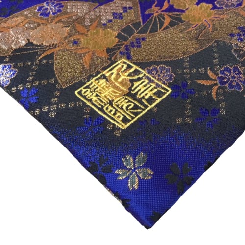 Senshishuin Nishijin Brocade Drawstring Bag (Lined) Blue Fan Cherry Blossom Design, Medium Size