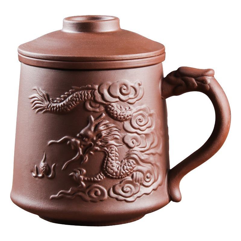 Retro Yixing Dragon Phenix Purple Clay Tea Mug with Lid and Infuser Handmade Ceramic Teacup Office Water Cup Gift Home Drinkware