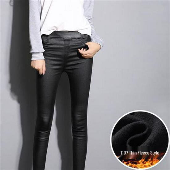 Women's High-Waist Matte Leather Skinny Pants - Elastic, Slimming, Plus Velvet, Autumn/Winter 2025.
